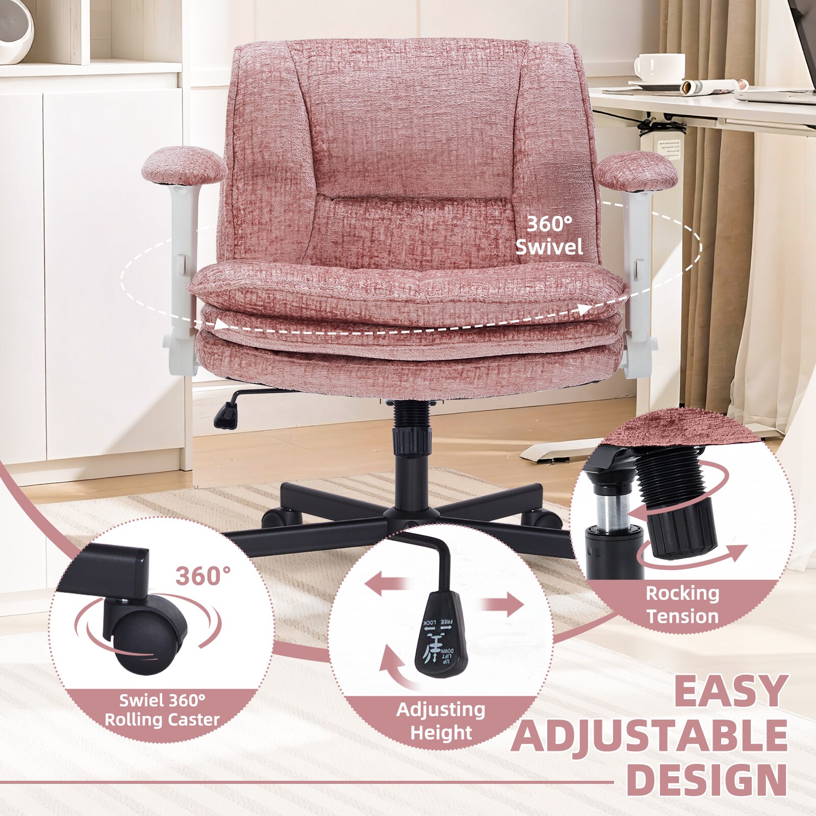 Criss Cross Chair With Wheels And Flip Arms, Upholstered Cross Legged Office Chair With 3 Layer Cushions&Dynamic Airbag Lumbar Support, Wide Seat Comfy Desk Chair For Home Office, Living Room, Pink_maomaolike.com